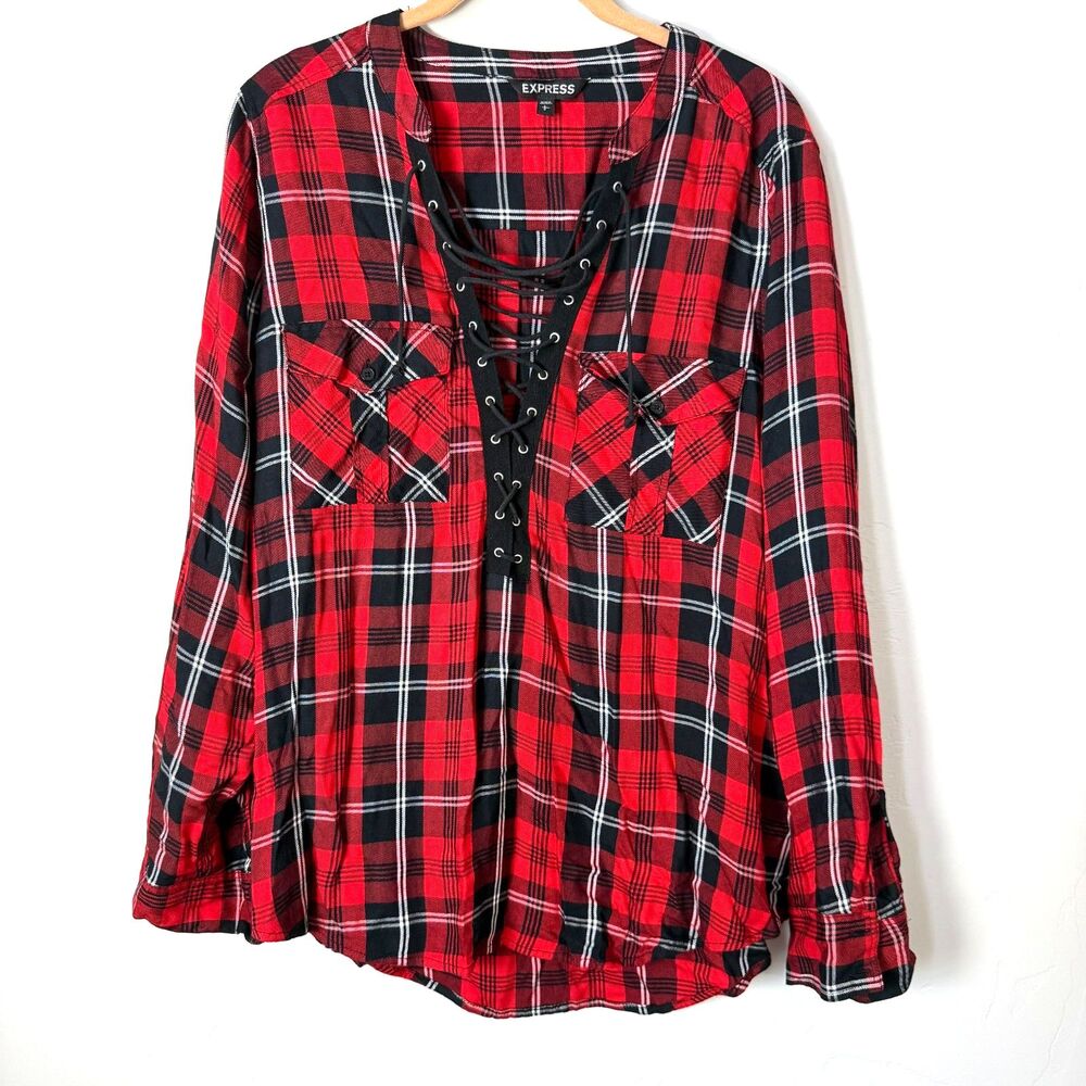 Express Rayon Plaid Lace Up Tunic Shirt L Red Black Grommet Corset Blouse EUC